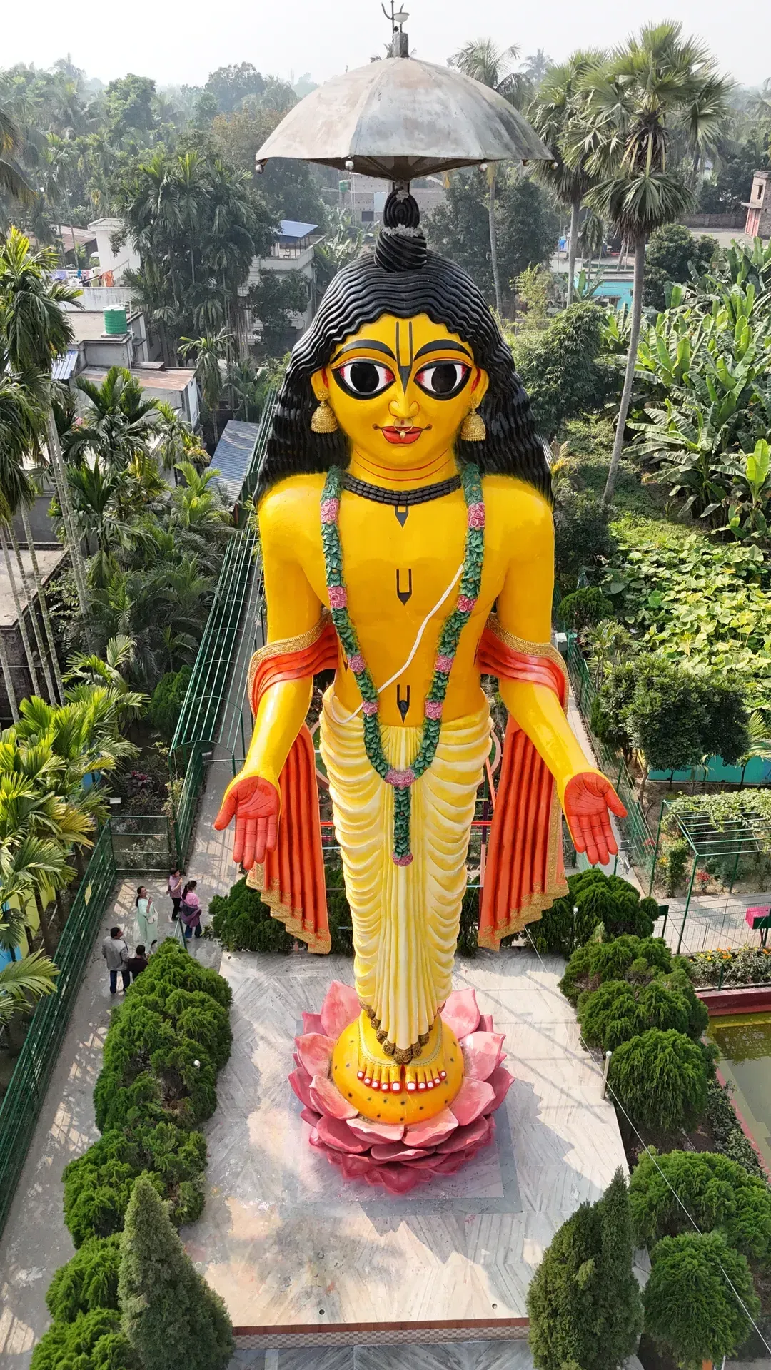 Top-down drone capture of Narahari Dham Temple gardens