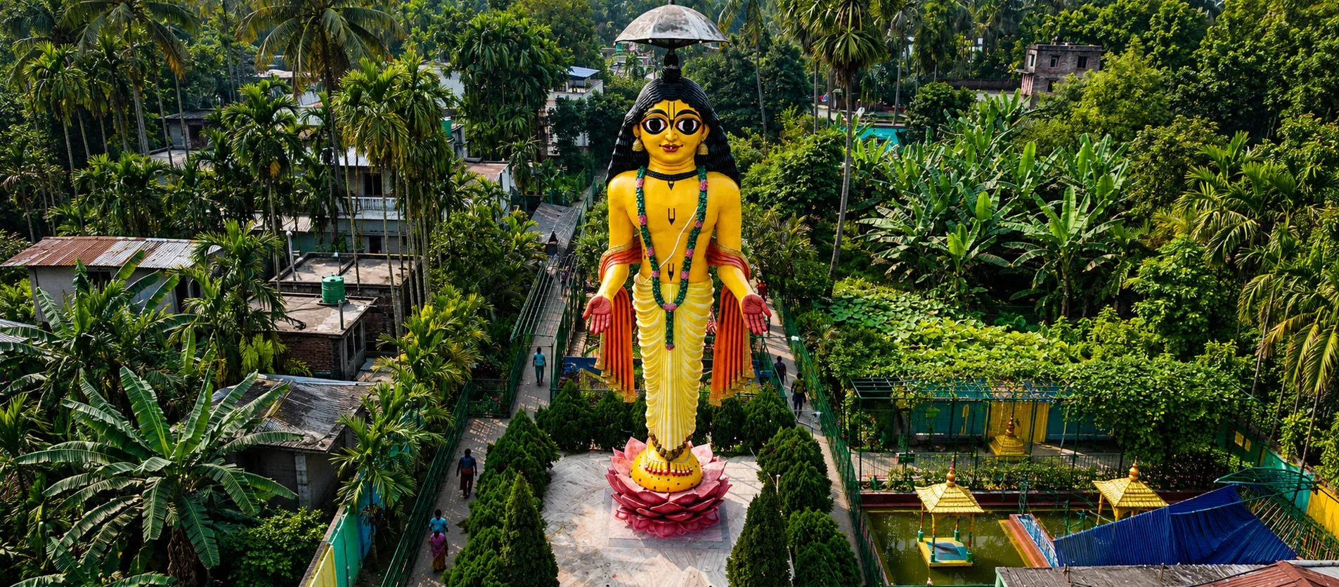 Drone view of the grand 60-ft Sri Gouranga Mahaprabhu Statue at Narahari Dham